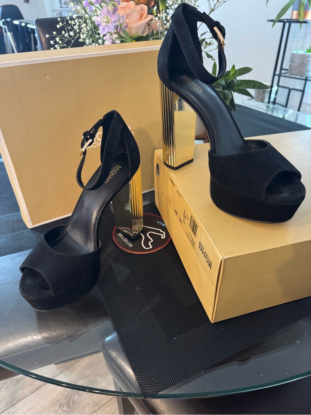 MICHAEL Michael Kors Black Suede Platform Ankle-Strap Heels with Gold Block Heel